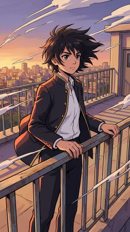 A cel-shaded anime still: a student leans on a rooftop railing at golden hour, hair lifting in the wind, city skyline behind.