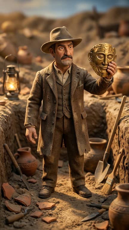 A claymation still: a sculpted figure in a wide-brimmed hat holds up a golden mask at a lantern-lit dig site.