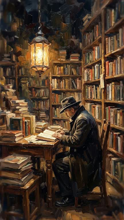 An oil-painted still: a figure in a long coat reads beneath a hanging lantern in a cluttered bookshop.