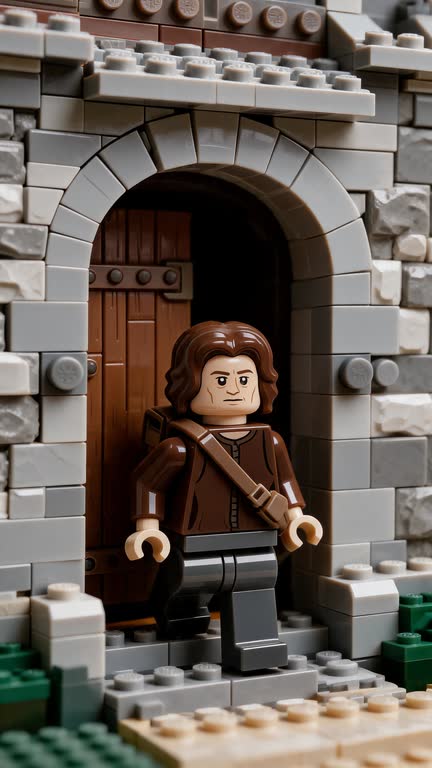 A brick-built still: a minifigure with a satchel stands in the stone archway of a LEGO castle.