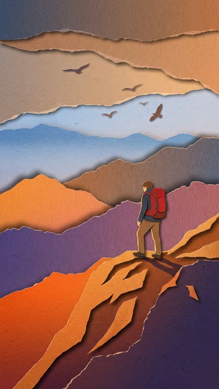 A paper-cut still: a hiker with a red backpack on a ridge, against layered paper mountains at sunset.