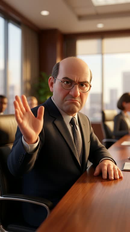 A 3D-animated still: a bespectacled character in a suit raises a hand across a sunlit boardroom table.