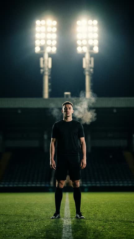 A photographic still: a footballer in plain dark kit stands alone on the centre circle of an empty floodlit stadium at night.